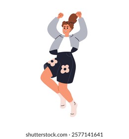 Happy excited girl jumping with joy and fun. Joyful kid with arms up, leaping. Active energetic child smiling, exulting, rejoicing in movement. Flat vector illustration isolated on white background