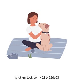 Happy excited girl playing with her puppy dog. Devotedly domestic family animal friend cartoon vector illustration