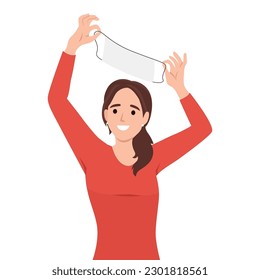 Happy Excited Girl Taking Off Medical Mask Post Pandemic. Young woman feeling released and thankful for lifted restrictions after coronavirus health crisis. Flat vector illustration isolated