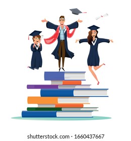 Happy Excited Graduate Student Wearing Gown Jumping on Books Stack. Teenagers Throwing Hats and Achieved Diplomas, Celebrating Study End. Graduation and Education. Vector Flat Cartoon Illustration