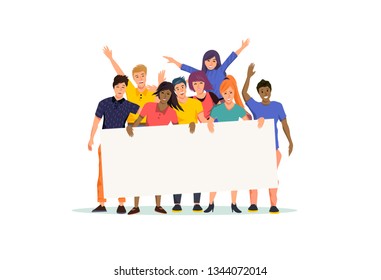 A happy and excited group of young people holding a blank sign board. Vector illustration.