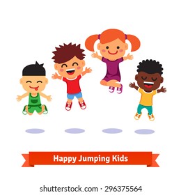 Happy And Excited Jumping Kids. European, Asian, Afro American. Flat Style Vector Cartoon Illustration.