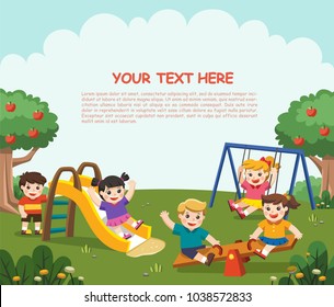 Happy excited kids having fun together on playground. Children play outside. Illustration