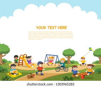 Happy Excited Kids Having Fun Together On Playground. Children Play Outside. Vector Illustration.Template For Advertising Brochure.