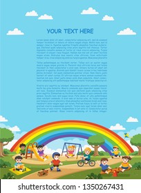 Happy excited kids having fun together on playground. . Children play outside with rainbow background. Template for advertising brochure.