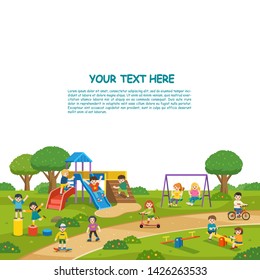 Happy excited kids having fun together on playground. Children play outside with sky background. Colorful isometric playground elements with Kids.  Template for advertising brochure.