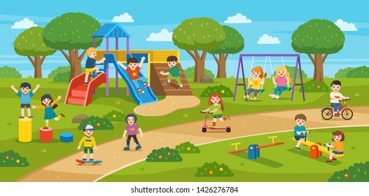 Happy excited kids having fun together on playground. Children play outside with sky background. Colorful isometric playground elements with Kids. 