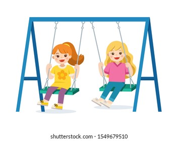 Happy excited kids having fun together. Children playing on swing.