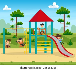 Happy excited kids having fun together on playground. vector illustration.