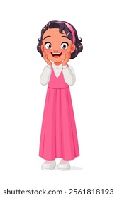 Happy excited little Arab girl in school uniform with hands on cheeks. Cartoon vector illustration isolated on white background.