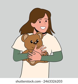 Happy and excited little girl hugging a teddy bear. vector illustration.