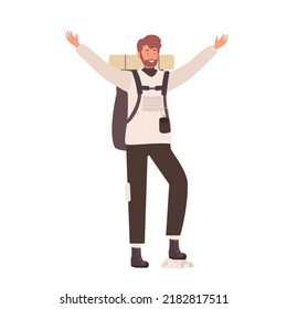 Happy excited male tourist. Enthusiast hiker man on travel route vector illustration