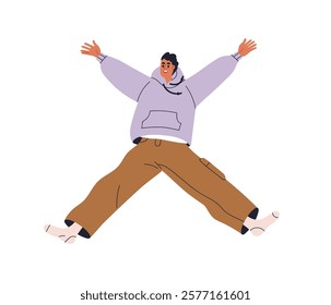 Happy excited man jumping up, energy pose. Joyful active person flying in air, leaping with arms and legs outstretched, rejoicing, exulting. Flat vector illustration isolated on white background