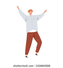Happy excited man welcoming and greeting smb with smile and arms wide out. Friendly cheerful positive guy gesturing hi and joy with hands. Flat vector illustration isolated on white background
