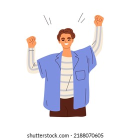 Happy excited man winner rejoicing. Exulting person celebrates victory, success. Smiling glad guy with positive emotions, gesturing with fist up. Flat vector illustration isolated on white background.