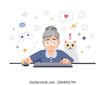  A happy excited old, elderly woman, retired, grandmother is playing video games on the computer, laptop with a surprised pet, cat. Cute colorful flat vector illustration,  cartoon postcard.  