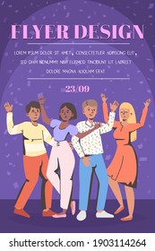 Happy excited people dancing and celebrating.Party flyer gift,present, holiday. Flat template.Vector
