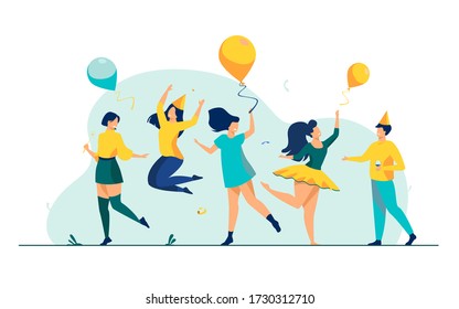 Happy excited people dancing at party flat vector illustration. Cheerful group of friends having fun together. Entertainment and celebration concept.