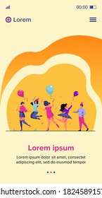 Happy excited people dancing at party flat vector illustration. Cheerful group of friends having fun together. Entertainment and celebration concept.