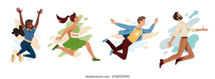 Happy excited person jumping having fun set. Joyful emotional young men and women characters flying, raising arms, running happily collection. Joy, success, happiness concept flat vector illustration