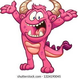 Happy excited pink cartoon monster clip art. Vector illustration with simple gradients. All in a single layer. 
