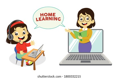 Happy excited school girl studying homework during his online lesson from teacher at home, social distance during quarantine, self-isolation, online education concept, home schooling