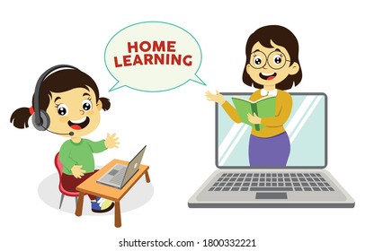 Happy excited school girl studying homework during his online lesson from teacher at home, social distance during quarantine, self-isolation, online education concept, home schooling