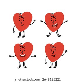 Feliz coração sorridente personagem ondas sua mão, abre os braços para abraços. Mascote desenhado à mão bonito desenho animado com expressão facial diferente e postura do corpo. Traçado editável