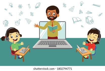 Happy excited students learning using laptop during his online schooling at home, social distance during quarantine, self-isolation, online education concept, home schooling