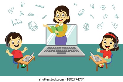 Happy excited students learning using laptop during his online schooling at home, social distance during quarantine, self-isolation, online education concept, home schooling