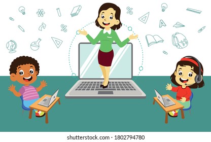 Felices estudiantes emocionados aprendiendo a usar laptops durante su educación en línea en casa, distancia social durante la cuarentena, autoaislamiento, concepto de educación en línea, educación en casa