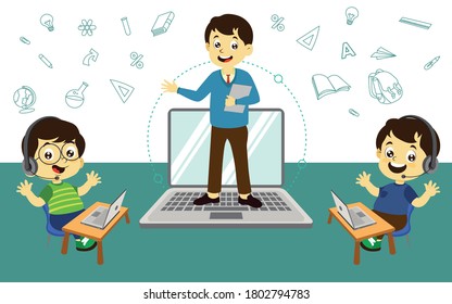 Happy excited students learning using laptop during his online schooling at home, social distance during quarantine, self-isolation, online education concept, home schooling