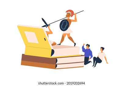 Happy Excited Teen Readers With Book Of Fascinating Legends About Knights. People And Fiction Literature. Reading Hobby And Imagination Concept. Flat Vector Illustration Isolated On White Background