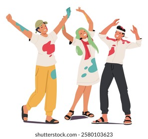 Happy excited teenage guys cartoon character celebrating Holi festival traditional Indian party dancing under paint dust spraying in air vector illustration. Diverse people community unity, friendship