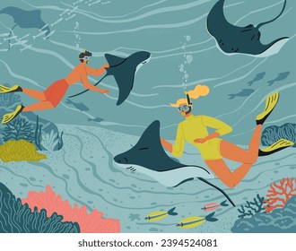 Happy excited tourist in snorkeling mask swimming with sea creature