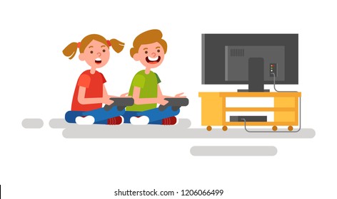 Happy and excited twins (gir and boy)l sitting on the floor and playing video game on tv. Vector illustration isolated on white.