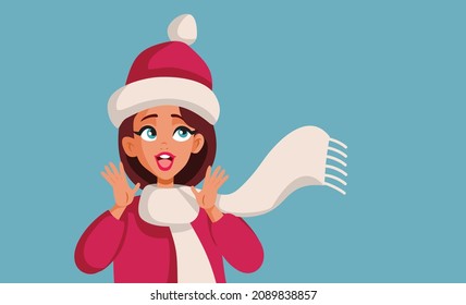 Happy Excited Winter Woman Wearing Warm Clothes Vector Illustration. Joyful young lady feeling excitement during winter celebration

