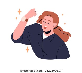 Happy excited woman celebrating success with winning fist, hand gesture. Victory and achievement celebration. Smiling person in excitement. Flat vector illustration isolated on white background