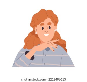 Happy excited woman face portrait. Smiling girl with positive interested involved facial expression, emotion. Person with idea, thought. Flat vector illustration isolated on white background