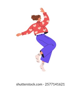 Happy excited woman jumping in active joyful pose. Cheerful positive energetic female character rejoicing in carefree dancing flying movement. Flat vector illustration isolated on white background