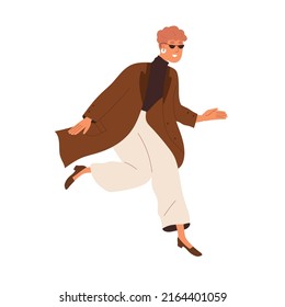 Happy excited woman running. Modern trendy businesswoman in fashion stylish outfit and sunglasses hurrying. Smiling female rushing outdoors. Flat vector illustration isolated on white background