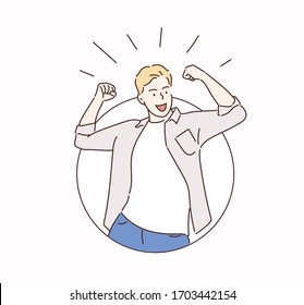 Happy and excited young business man celebrating victory expressing success, power, energy and positive emotions.  Hand drawn style vector design illustrations.