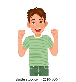 happy and excited young man making fist pump winner gesture with arms raised, smiling and shouting for victory celebrating successful of achieving goals