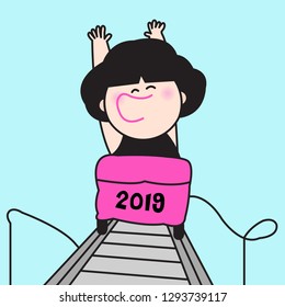 Happy Exciting Girl On A Thrilling Year Of 2019 Roller Coaster Ride At An Amusement Park With Arms Raised Concept Card Character illustration