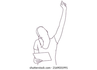 happy exited young woman while holding a tablet. happy reaction concept. hand drawn style vector illustration