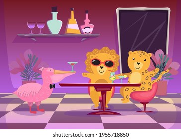 Happy exotic animals drinking cocktails at party illustration. Lion and tiger sitting at table in bar or club, pelican in bowtie bringing glasses. Party, food, bar or club concept