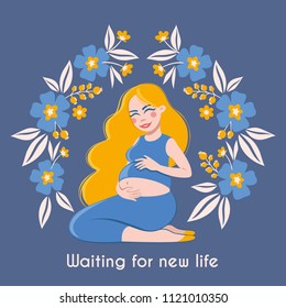 Happy expectant mother. Greeting card with pregnant beautiful Woman in frame with flowers. Motherhood. Happy Mothers Day poster. Vector illustration of a flat design