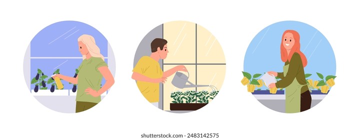 Happy experienced people cultivating plants in mini garden on windowsill round composition