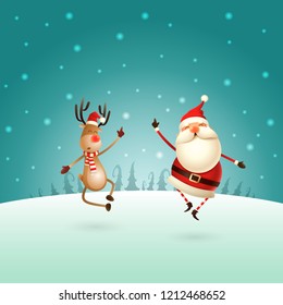 Happy expresion of Santa Claus and Reindeer - they jumping straight up and bring their heels claping together right under on winter landscape - Christmas template poster