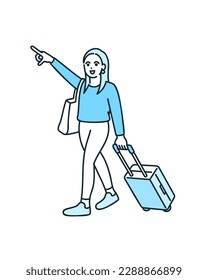 Una expresión feliz antes de un viaje. Ilustración de una mujer sacando un estuche.